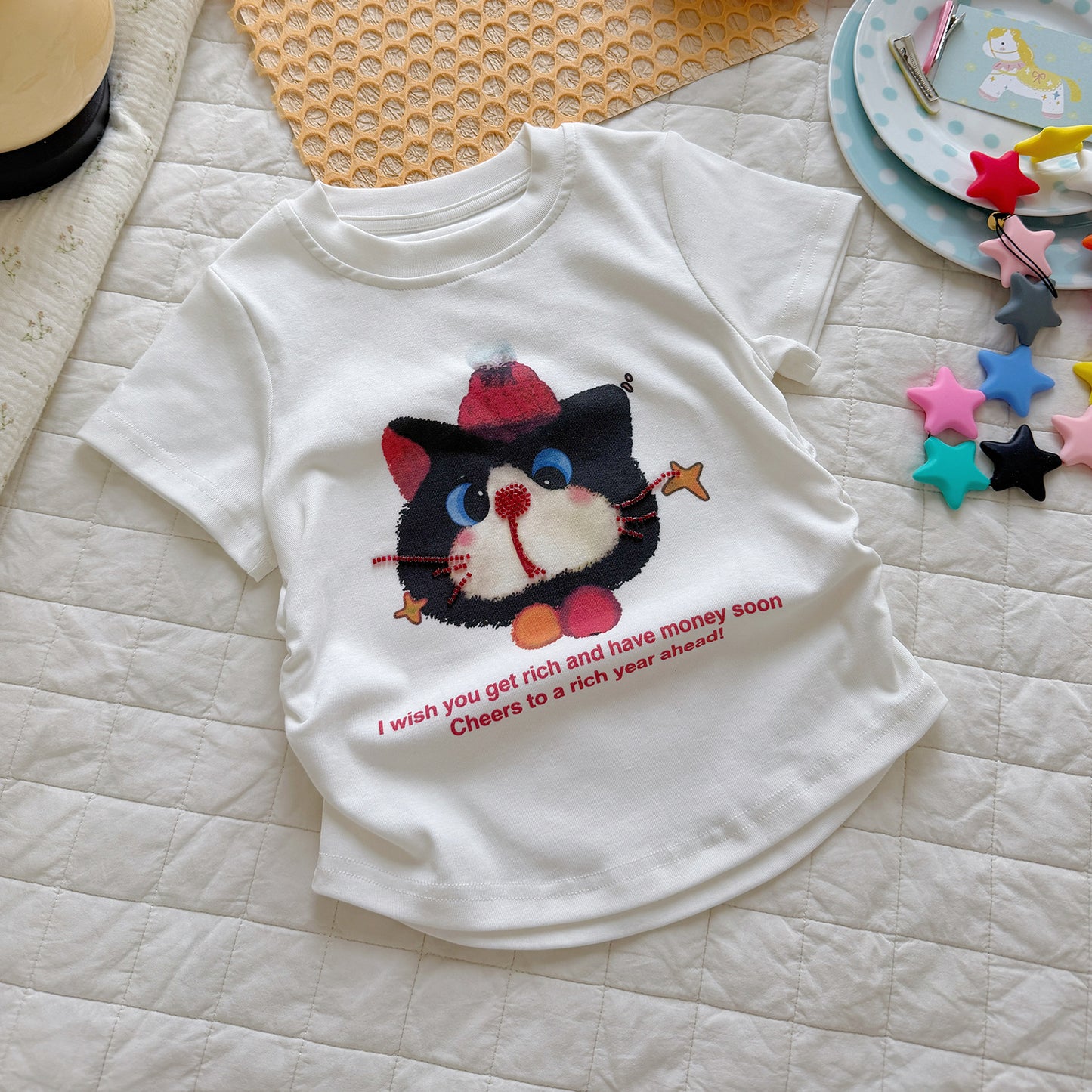 Children's High Elastic Fine Cotton Rib Digital Painted Beaded Tube Embroidery Children's T-shirt