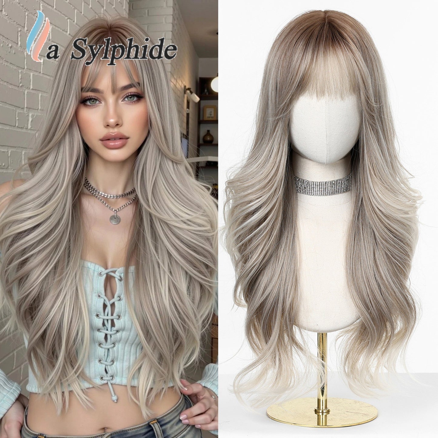 Straight Bangs Orange Wavy Curly Hair Mechanism Wig Long Curls