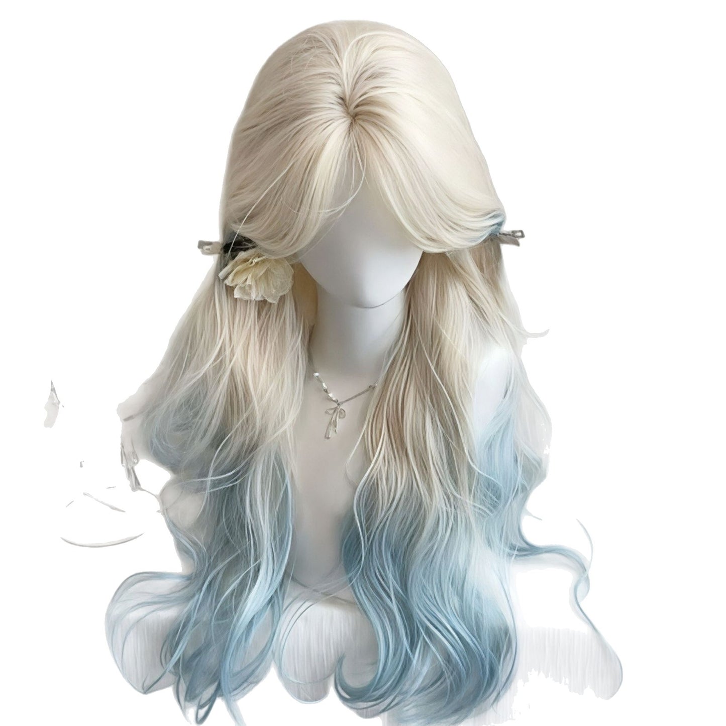 Female Platinum Color Gradient Blue Medium Atmosphere Temperament Wig Long Curls
