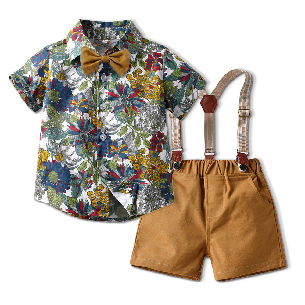 Children's Printed Short-sleeved Cardigan Fashion Strap Shorts Children's Suit