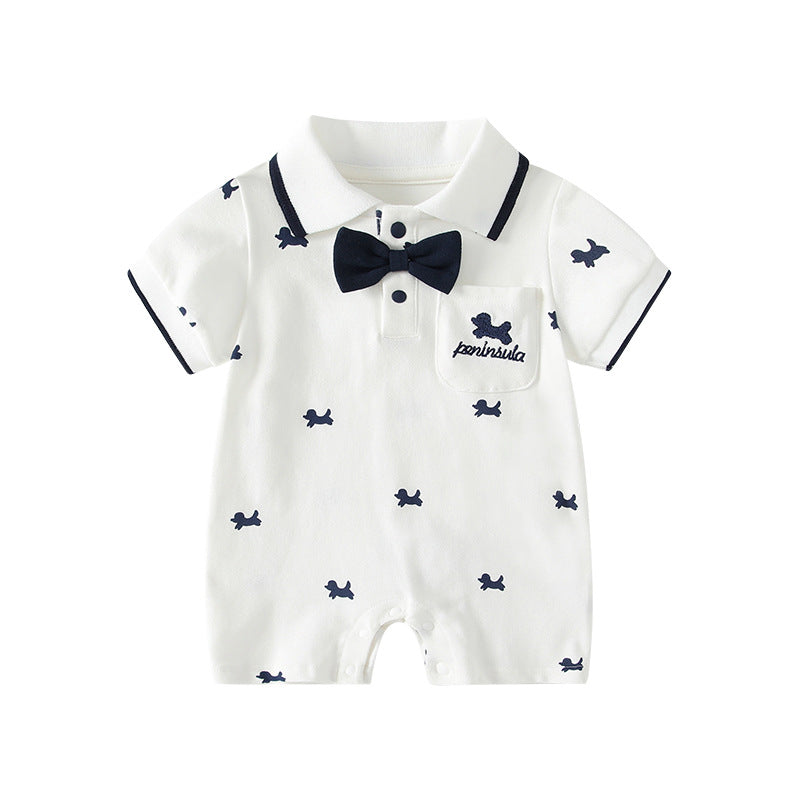 Lapel Gentleman Short Sleeve Rompers Summer Dog Print First Month Jumpsuit, Climbing Suit