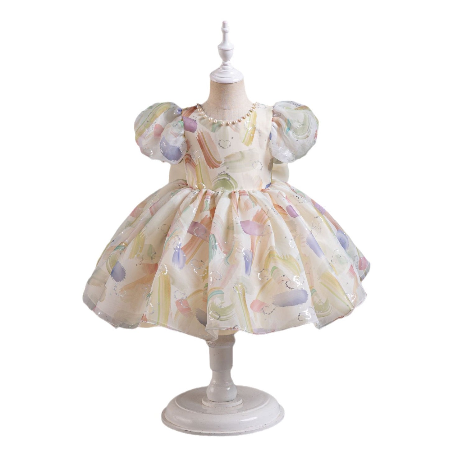 Children's Summer Bubble Sleeve Princess Floral Mesh Children's Dress