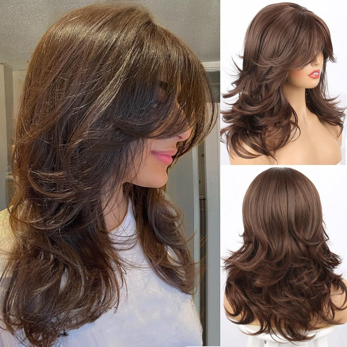 Bangs Layer Head Cover Gray Chemical Fiber Medium Wig Long Curls