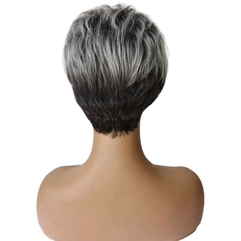 Women's Gray White Small Roll Tube Split Fiber Piece Wig Short Straight Hair