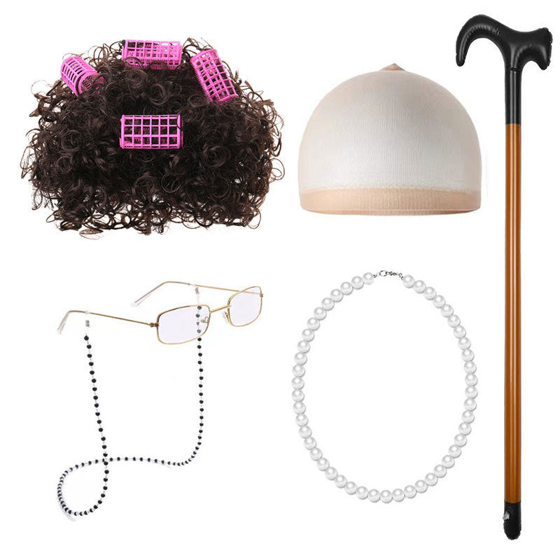 School Day Old Grandma Grandpa Crutches Lady Cos Wig