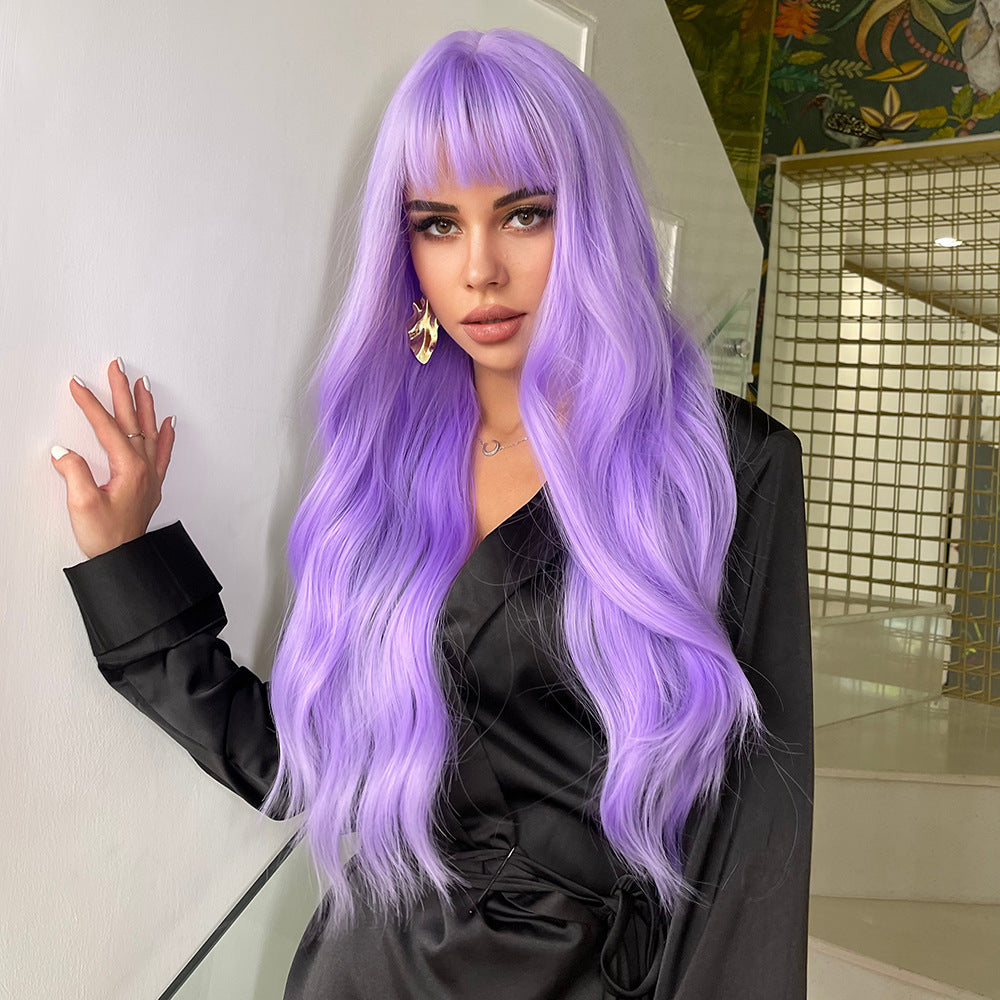 Women's Pink Wigs With Bangs Wave Synthetic Wig Long Curls