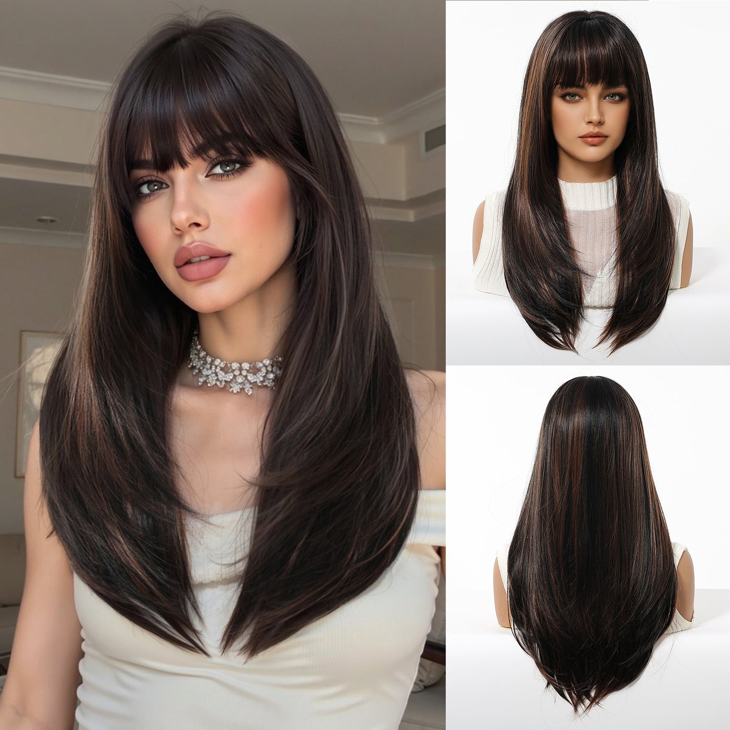 Bangs Layered Chemical Fiber Hair Cover White Gold Color Barbie Long Straight Wig