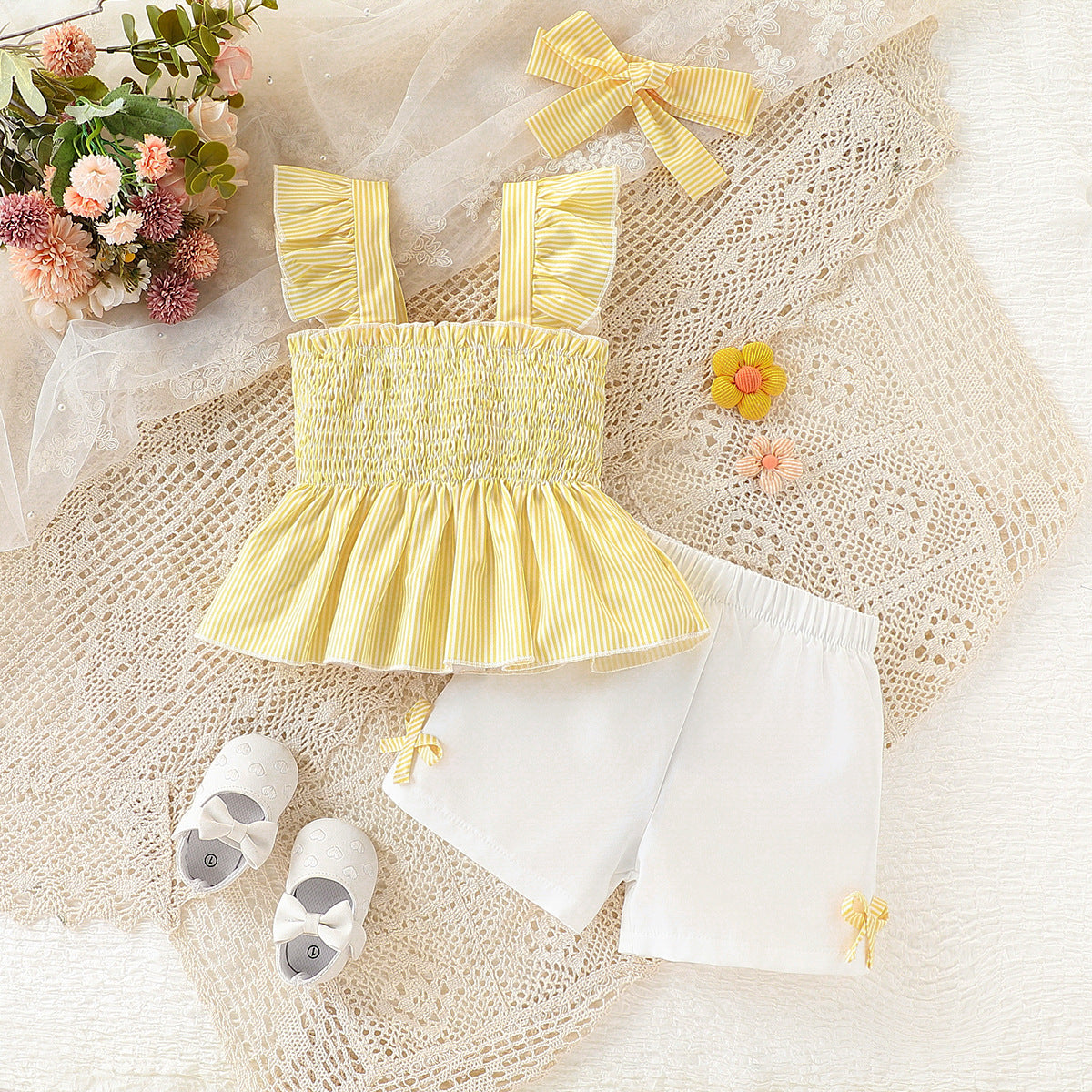 Children's Smocking Top Solid Color Shorts Three-piece Children's Suit