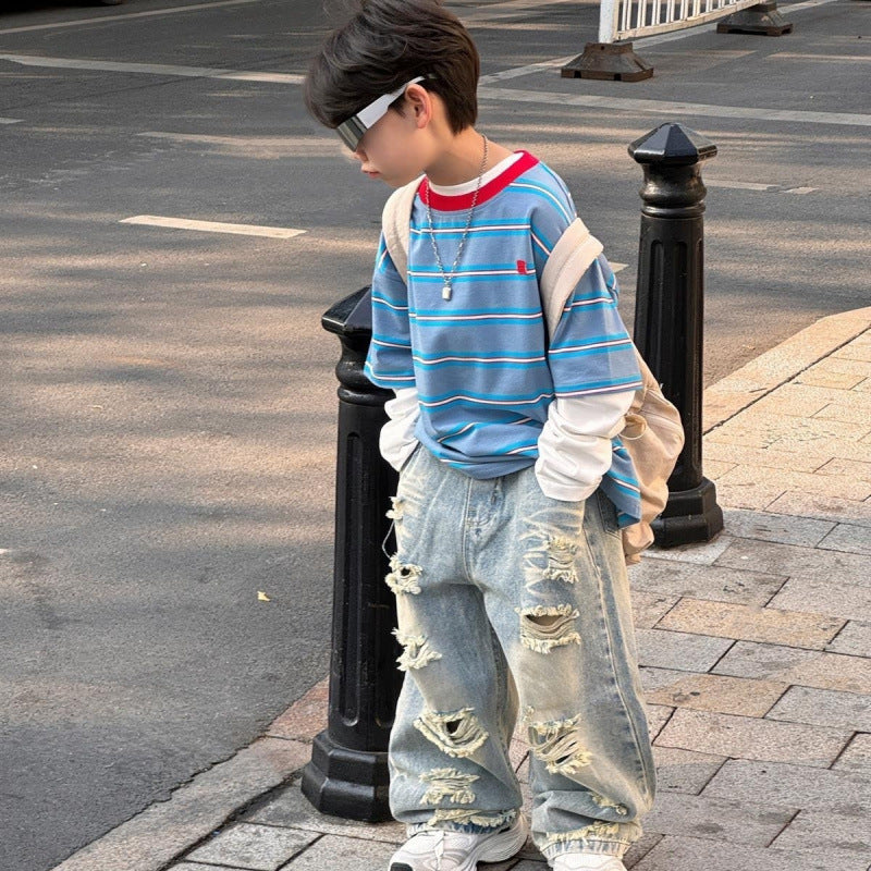Children's American High Street Ripped Jeans Fashionable Children's Pants