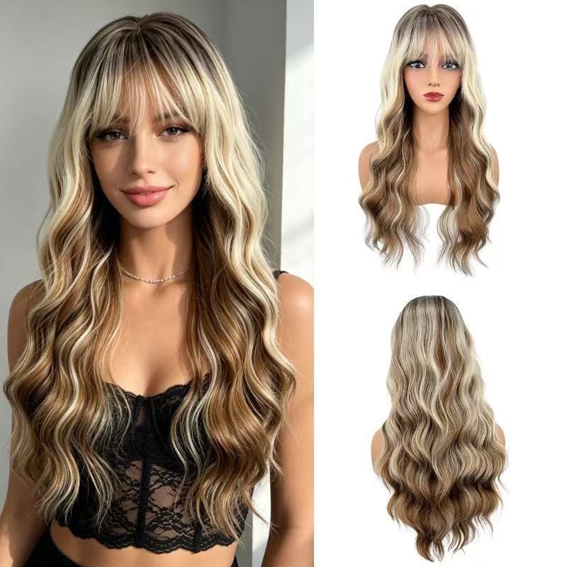 Curly Hair Black Bangs Natural Fiber Wig Long Curls
