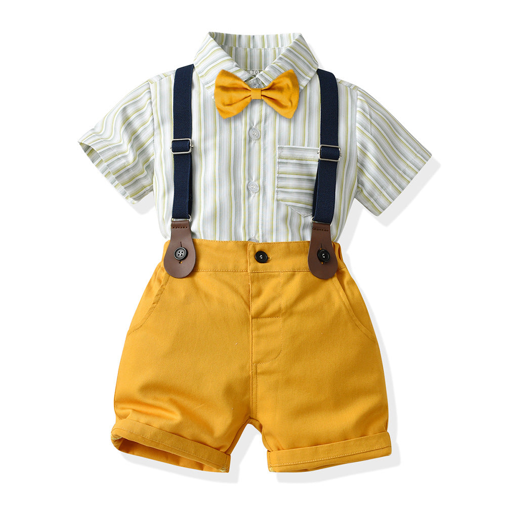 Children's Style Korean Summer Striped Lapel Short Sleeve Cotton Cardigan Suspender Children's Suit