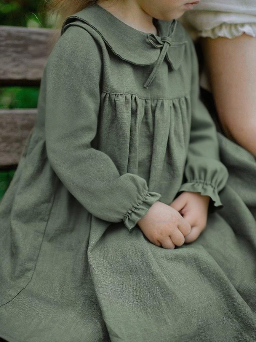 Women's & Children's Linen Doll Collar Comfortable Breathable Back Single-breasted Short Children's Dress