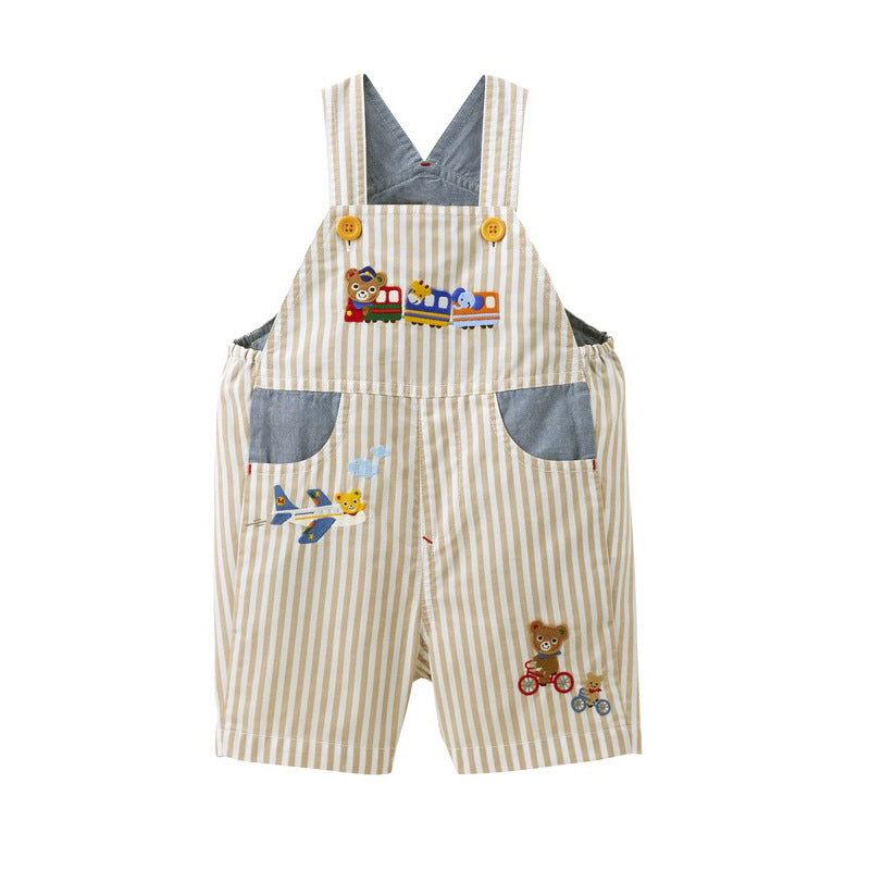 Children's Summer Cartoon Train Dinosaur Bear Embroidery Plaid Striped Children's Pants