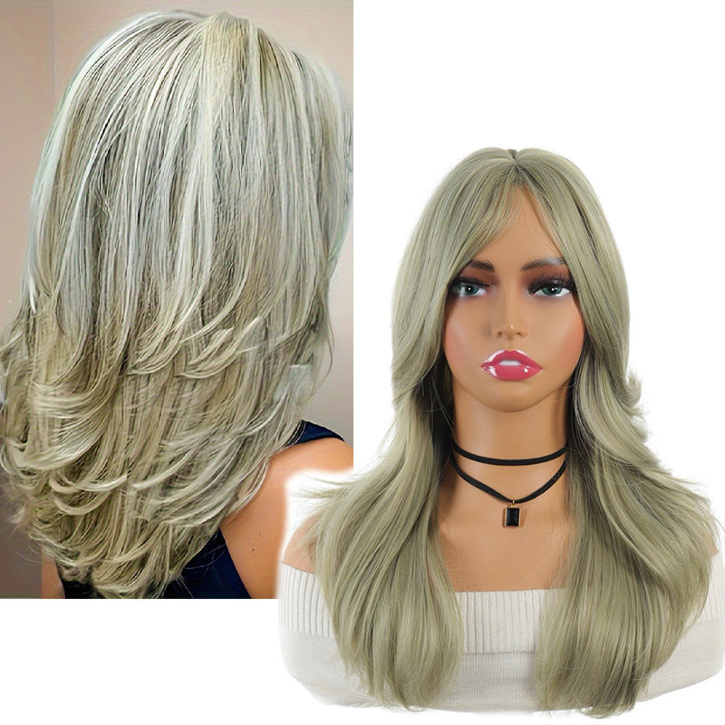 Women's Curly Hair Gray Brown Big Wave Layered Long Straight Wig