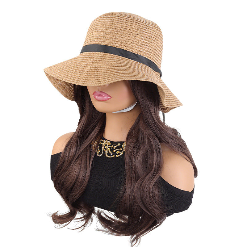 Straw Sun Hat Curly Hair One-piece Wig Long Curls