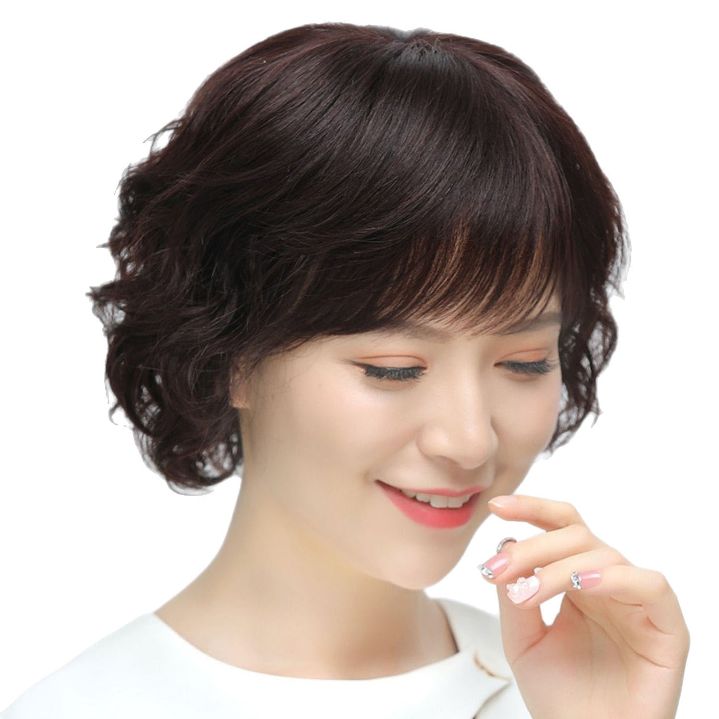 Women's Human Small Curls Natural Mother Style Full Top Short Real Hair Wig