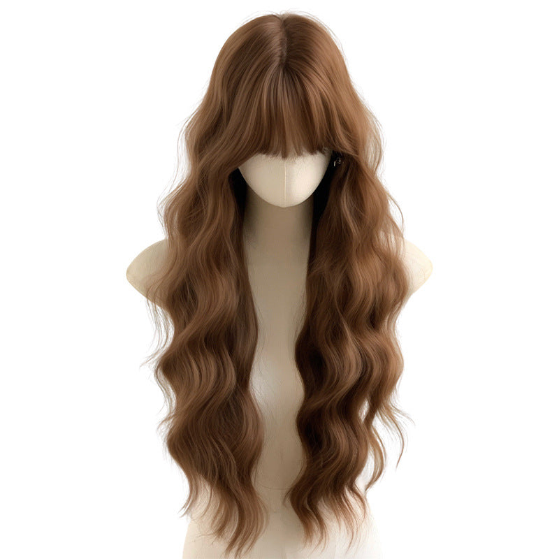 Autumn Solid Female Daily Curly Hair French Bangs Caramel Warm Wig Long Curls