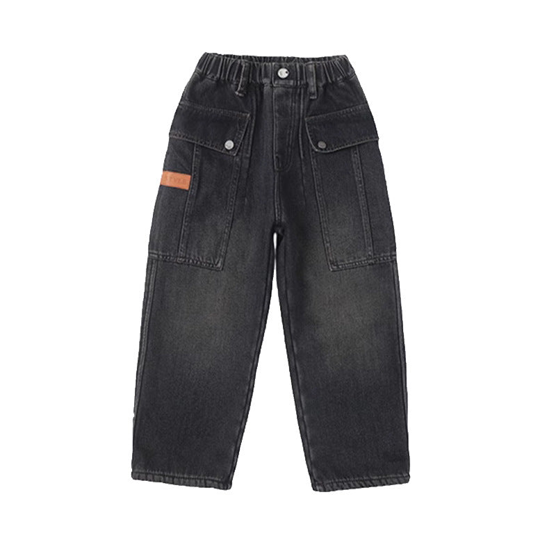 Children's Clothing Straight Jeans Overalls Medium Big Autumn Pu Children's Pants
