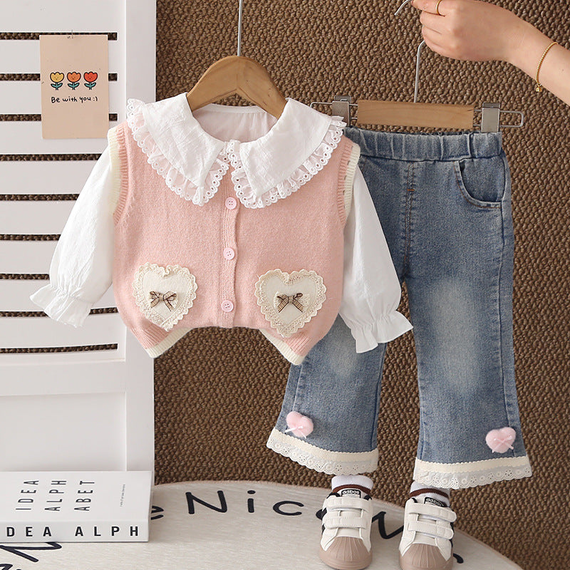 Lace Love Sweater Vest Cute Lapel Bell-bottom Children's Suit