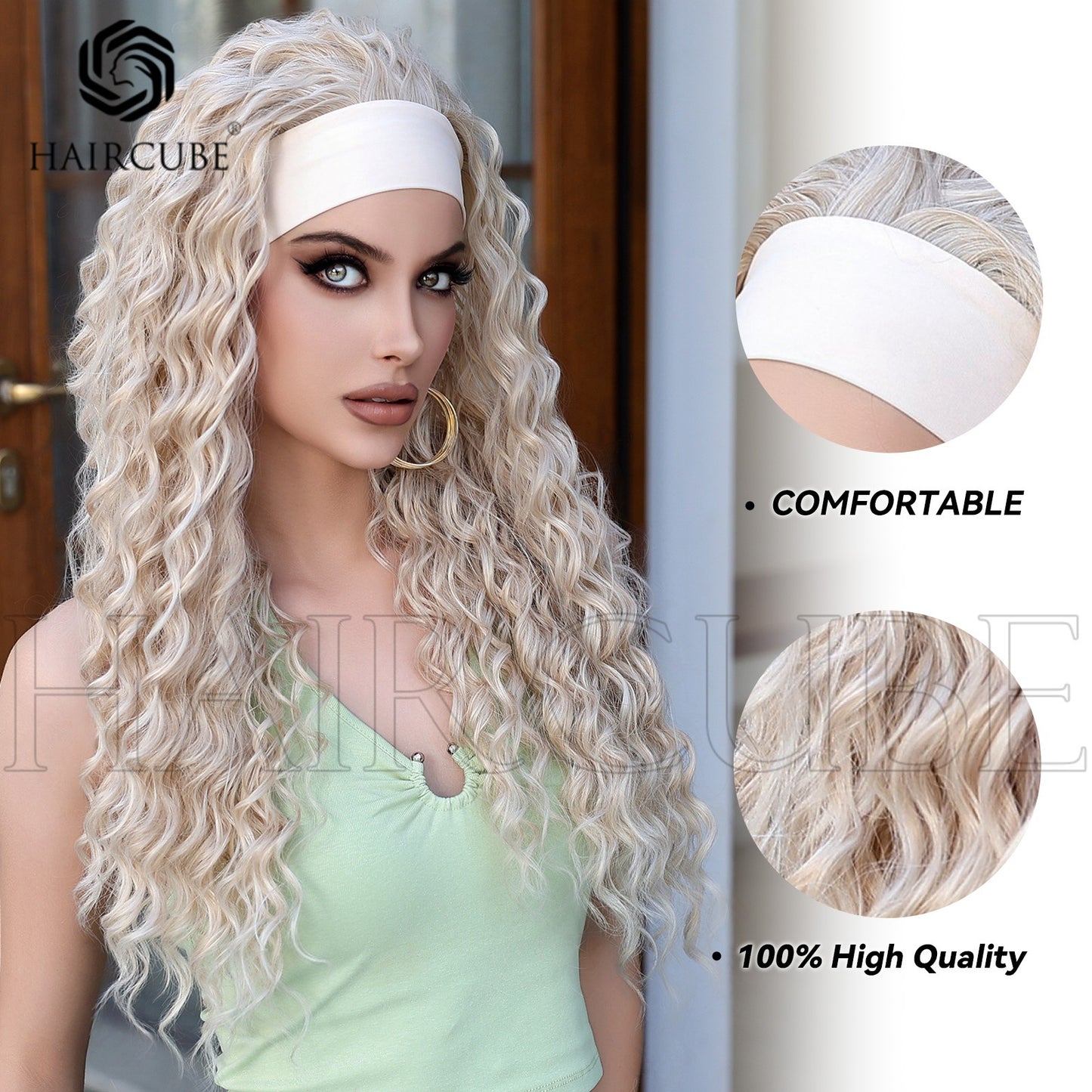 Women's Band Head Cover Small Curly Dark Brown Asian Wig Long Curls