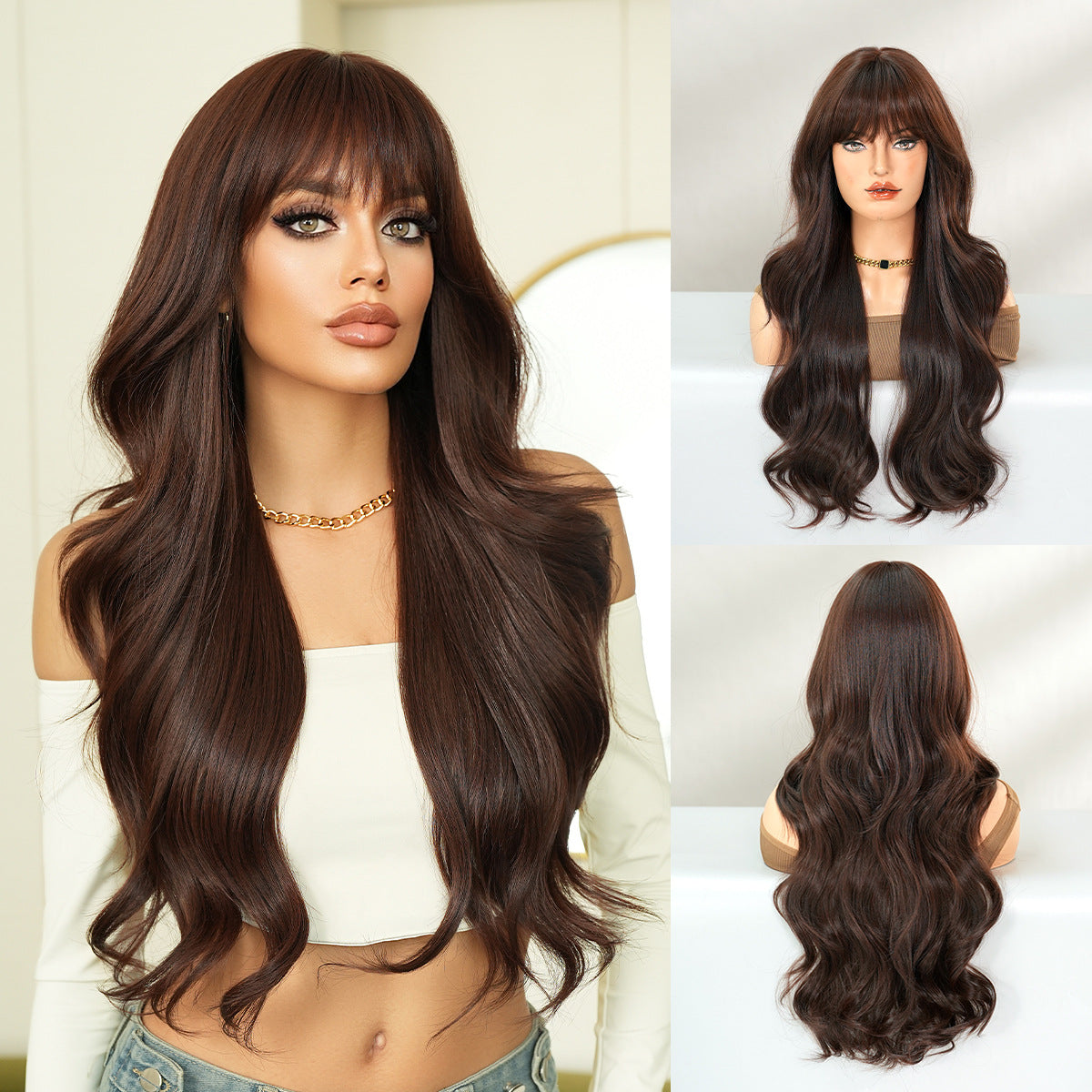 Curly Hair Bangs Big Wave Head Cover Rose Net Chemical Wig Long Curls