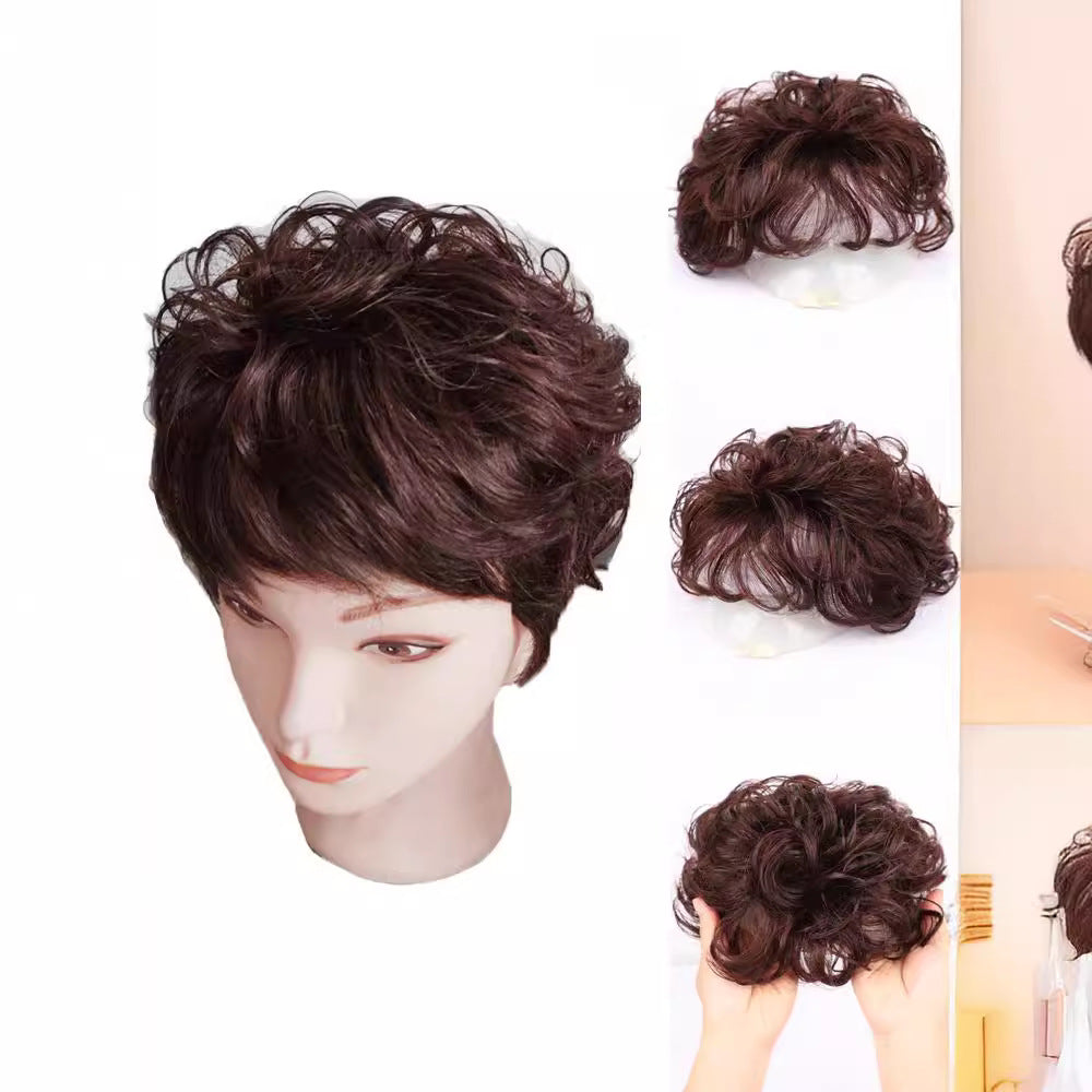 Volume Invisible Covering Gray Short Curly Fluffy Real Hair Wig