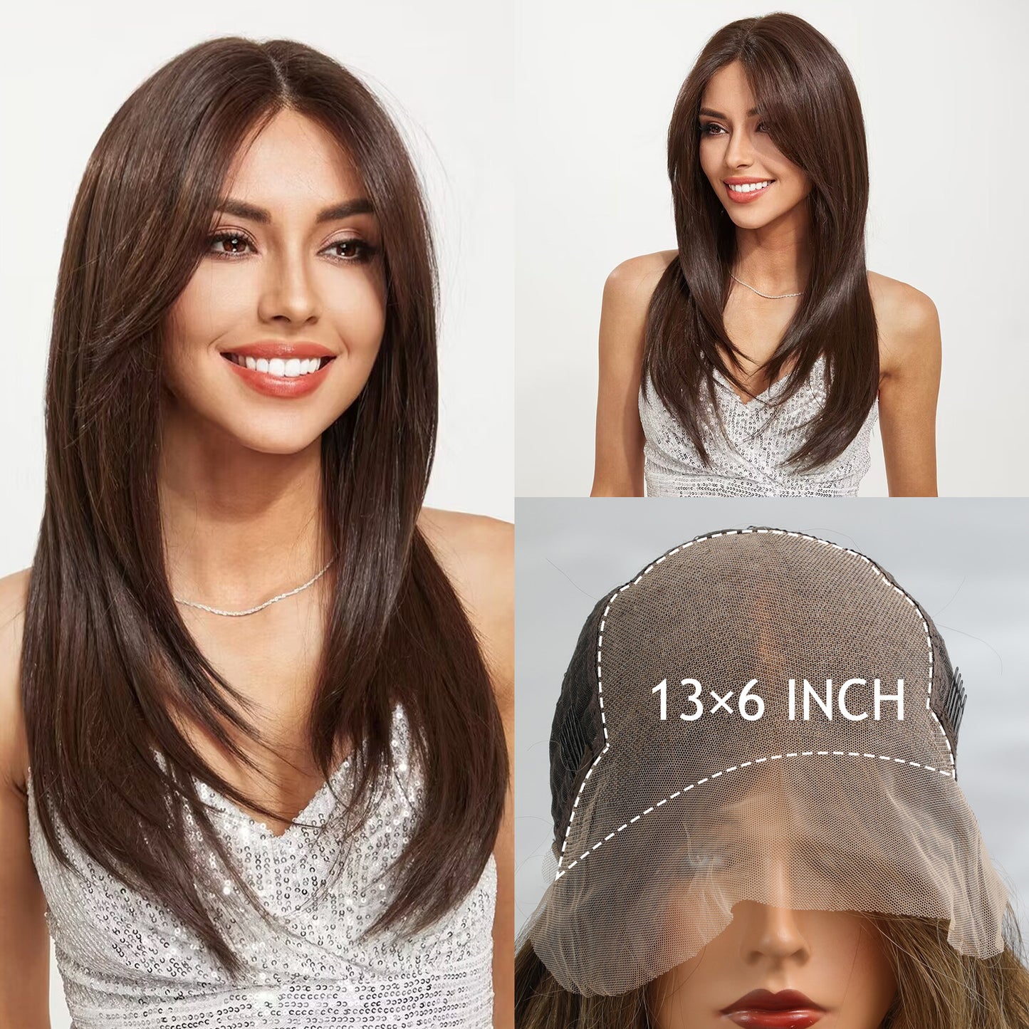 Lace Female Bangs Black Brown Hair Long Straight Wig