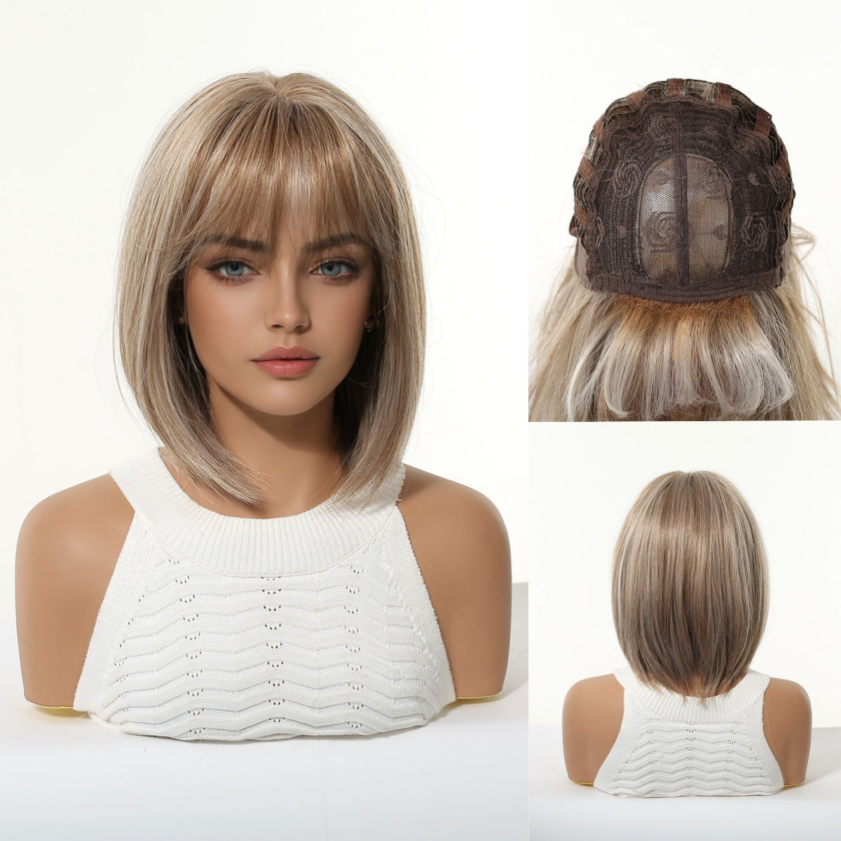 Gradient Brown Highlight Air Bangs Natural Wig Short Straight Hair