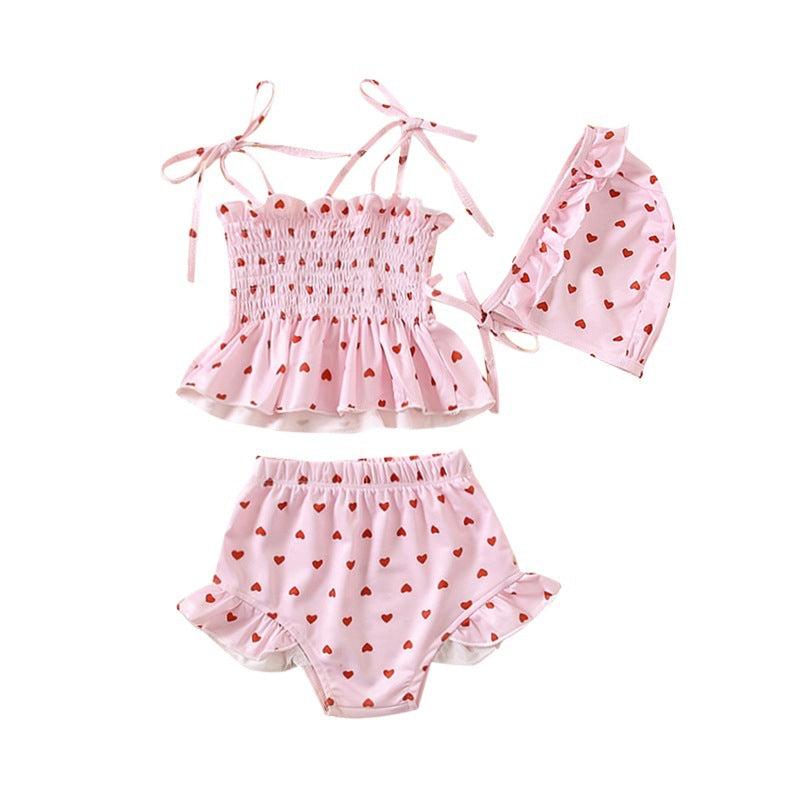Korean Style Heart Printing Swimsuit Three-piece Born Bikini Strap Children's Suit