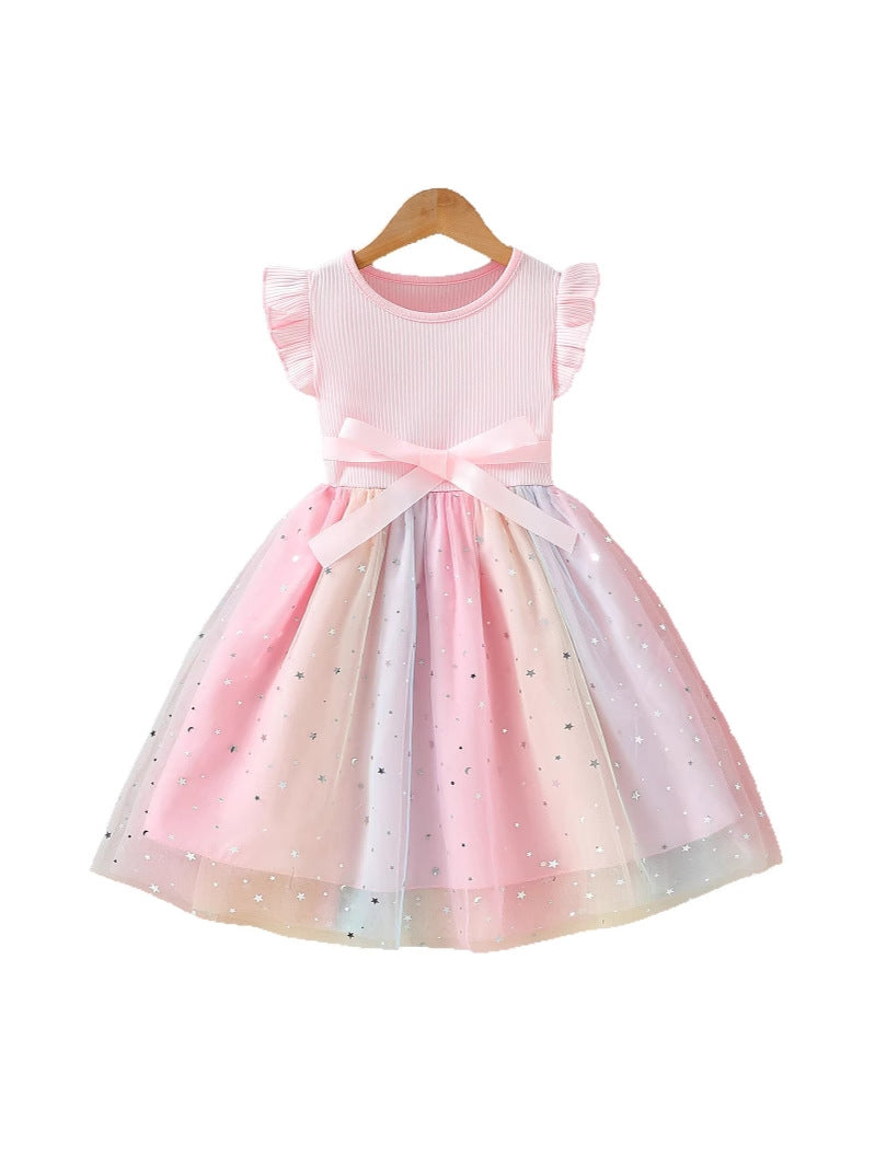 Children's Bow Summer Short-sleeved Gradient Mesh Princess Children's Dress