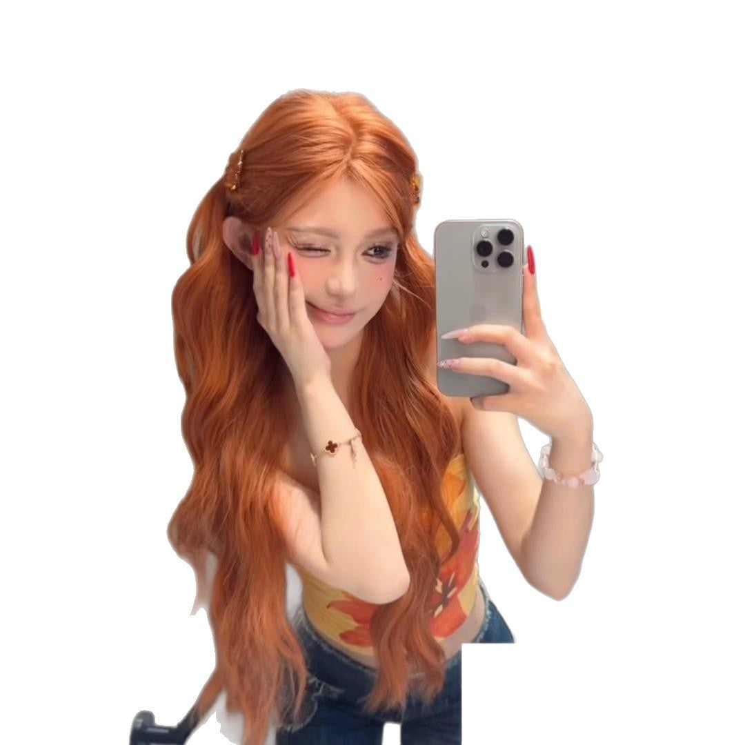 Women's Natural Orange Brown Curly Big Wave Wig Long Curls