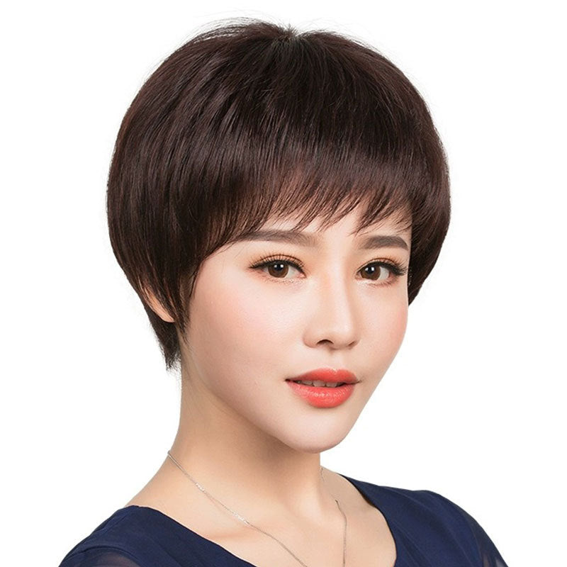 Women's Short Cover Straight Natural Mother Head Real Hair Wig