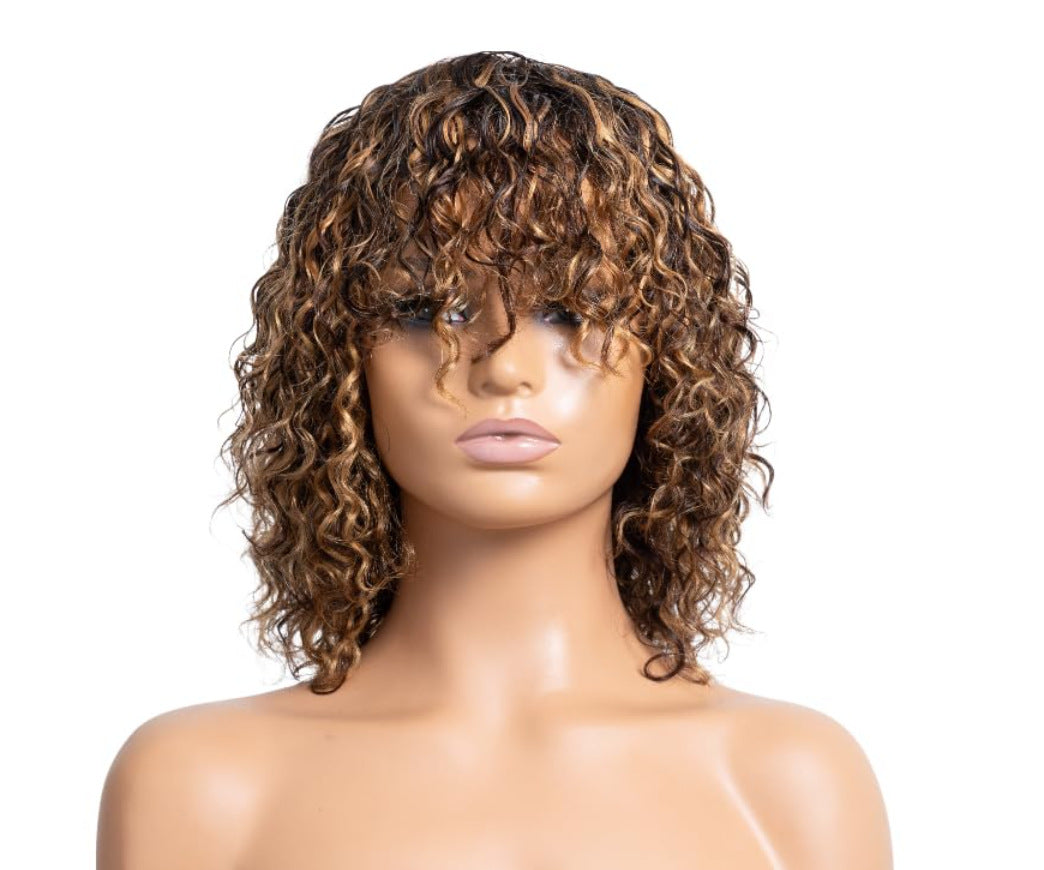 Women's Black Short Curly Hair With Bangs Hand Wrapped Small Chemical Wig Long Curls