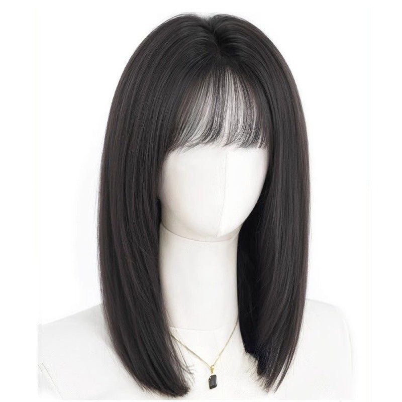 Female Real Hair Full Human Head Cover Natural Bangs Mid-length Long Straight Wig