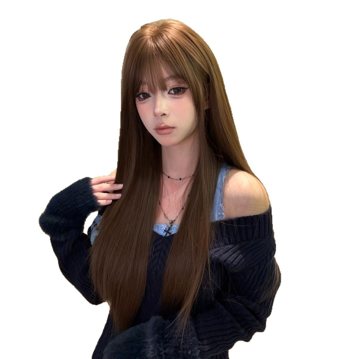 Upgrade Warm Tea Chestnut Brown Bangs Fluffy Atmosphere Long Straight Wig