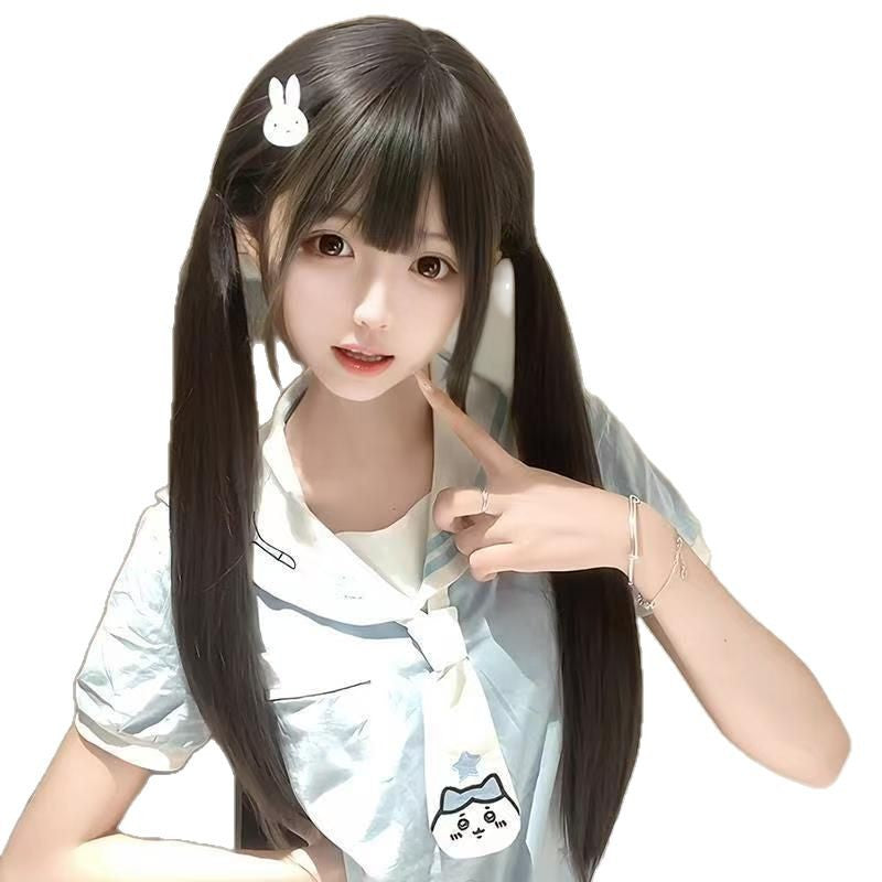 Mannequin Head Black Cute Luo Bangs Hair Can Tie Double Long Straight Wig