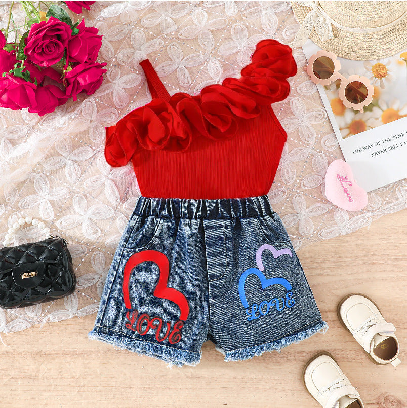 Ruffled Suspender Heart Printing Denim Shorts Children's Suit