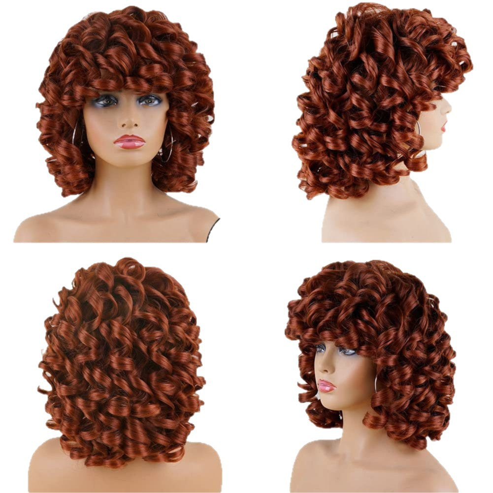 Women's African Large Roll Chemical Fiber Rose Net Head Wig Short Curly Hair