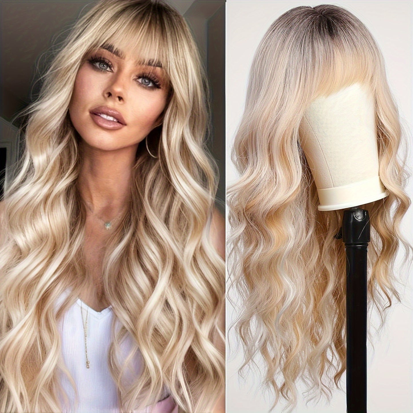 Fashion Golden Wave Bangs Straight Hair Wig Long Curls