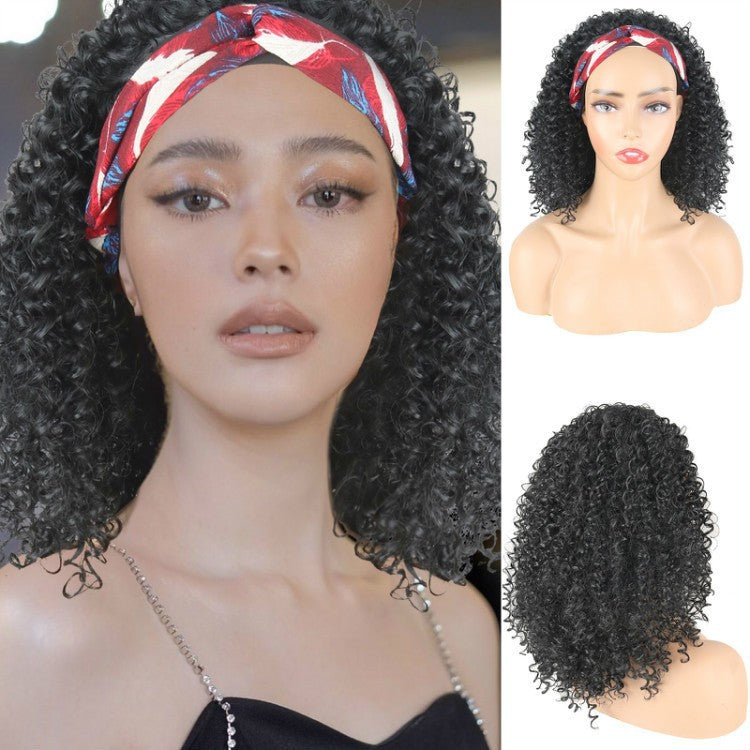 Women's Black Headscarf African Small Volume Synthetic Wig Short Curly Hair