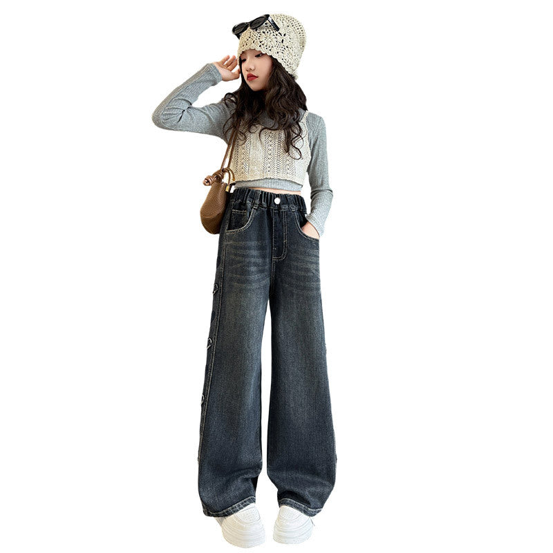 Side Frayed Heart Jeans Korean Style Western Children's Pants