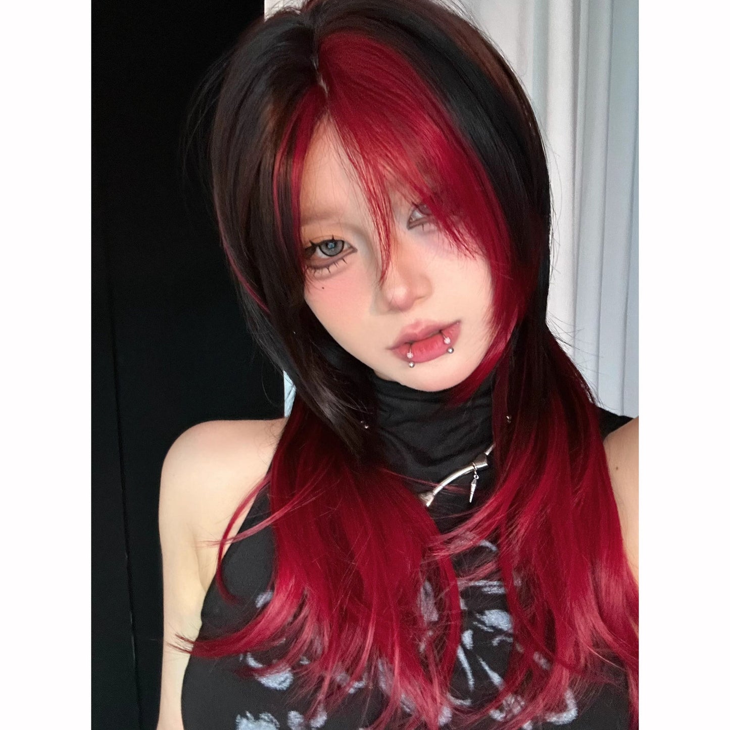 Women's Gradient Dark Blue Bangs Female Wolf Tail Layered Hair Natural Long Straight Wig