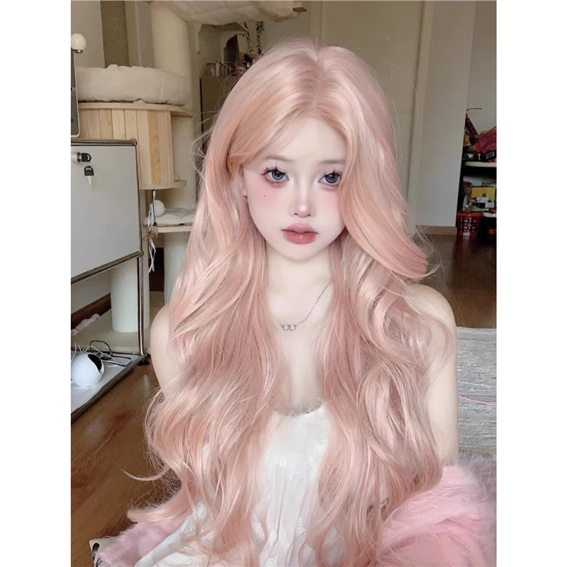 Rose Pink Hair Mid-length Bangs Big Wave Wig Long Curls