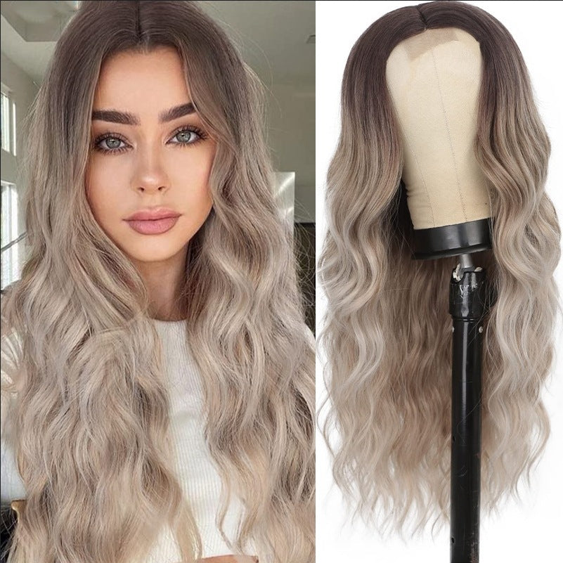 Women's Lace Small Middle Points Highlight Curly Hair Synthetic Wig Long Curls