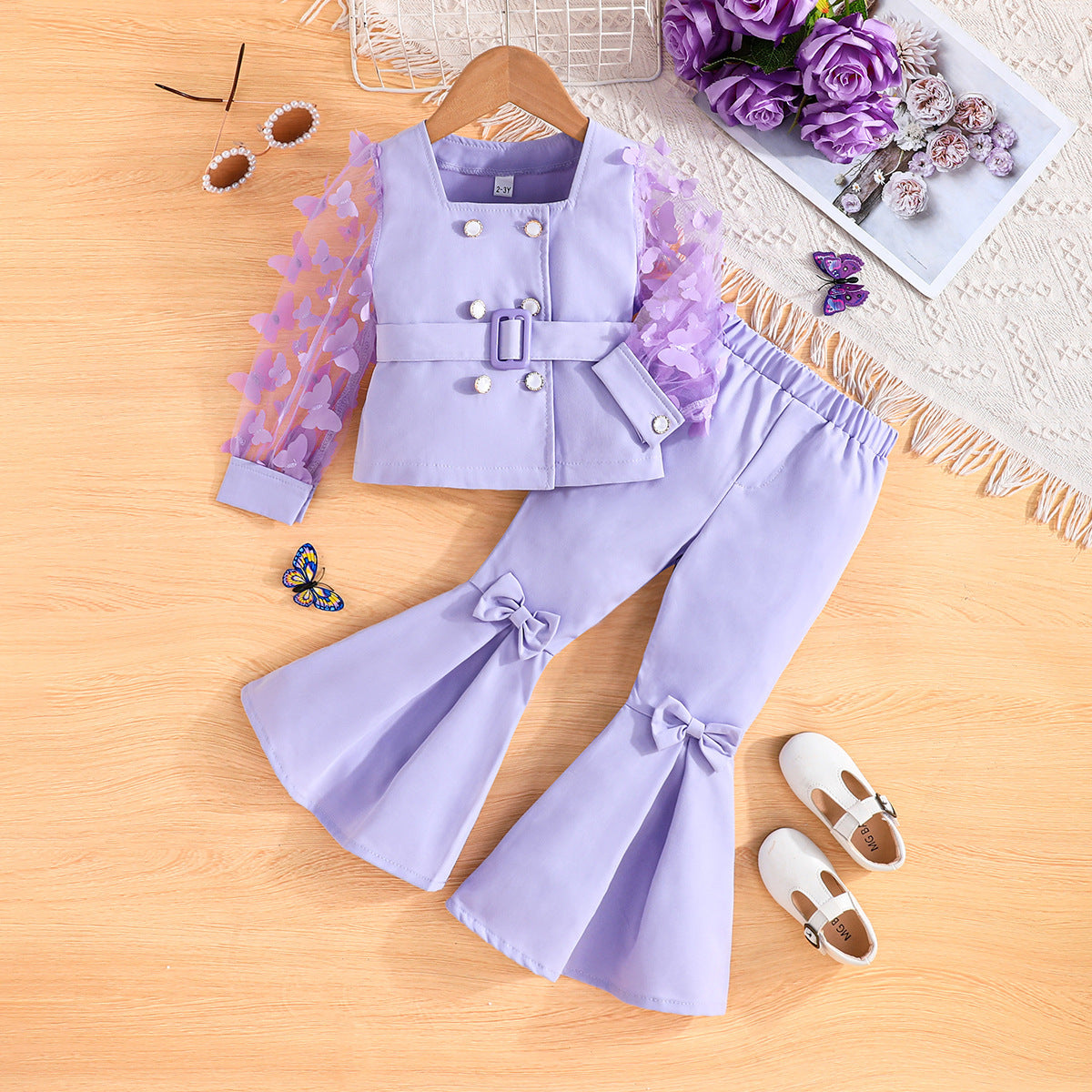 Fashion Mesh Sleeve Top Bell-bottom Pants Children's Suit