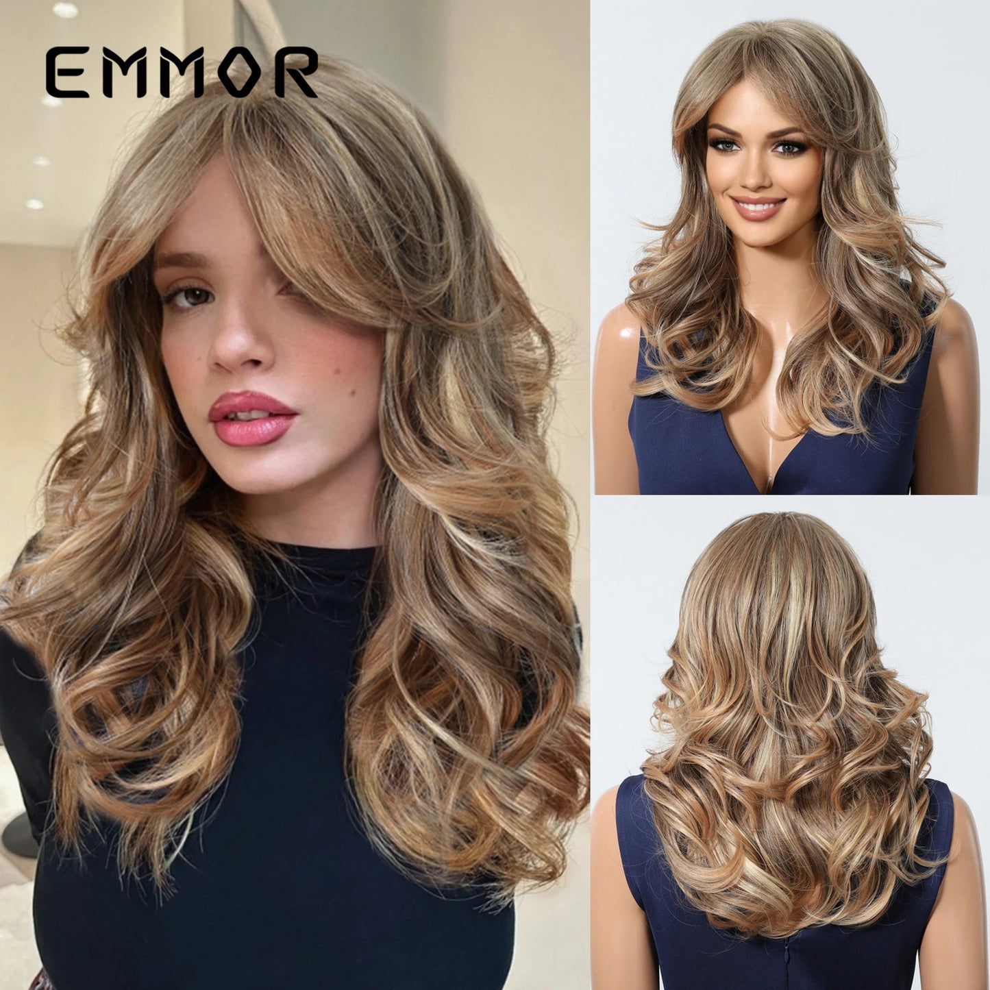 Retro Black Brown Dyed Curly Hair Asian Style Full Wig Long Curls