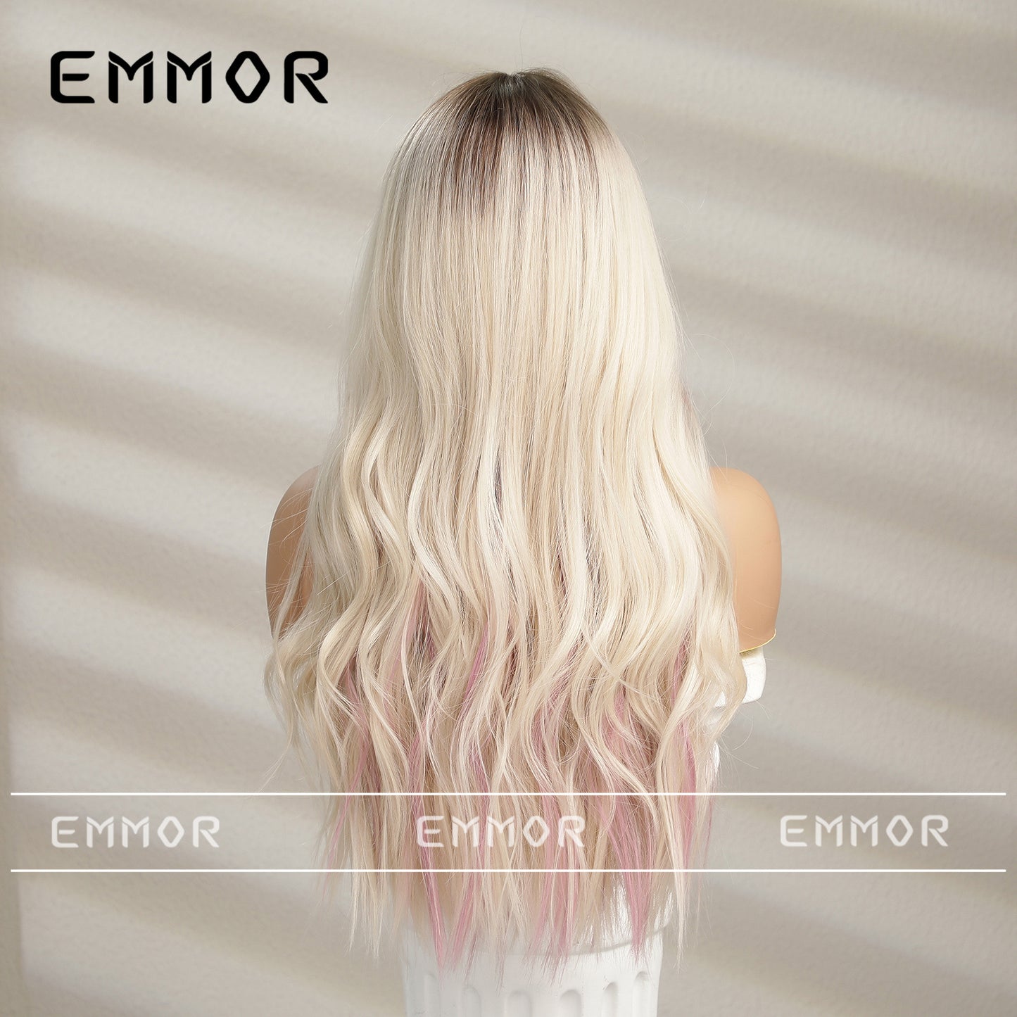 Natural Medium Gradient Gold Highlight Dyed Pink Curly Hair Full Wig Long Curls