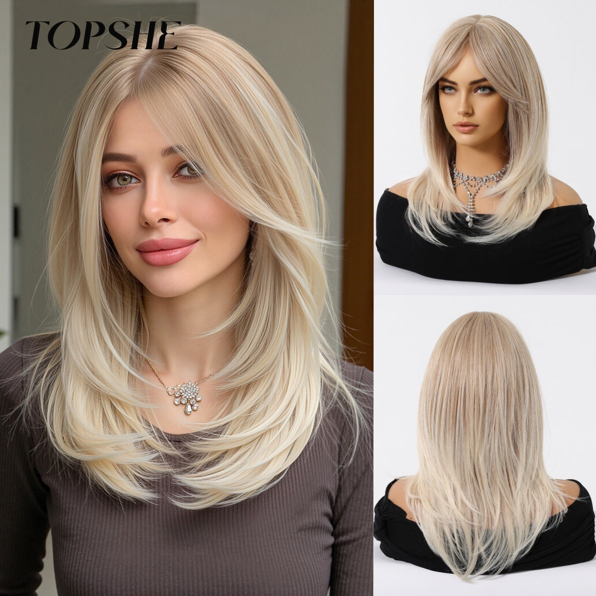 Gold Bangs Matte Fiber Rose Net Chemical Hair Long Straight Wig
