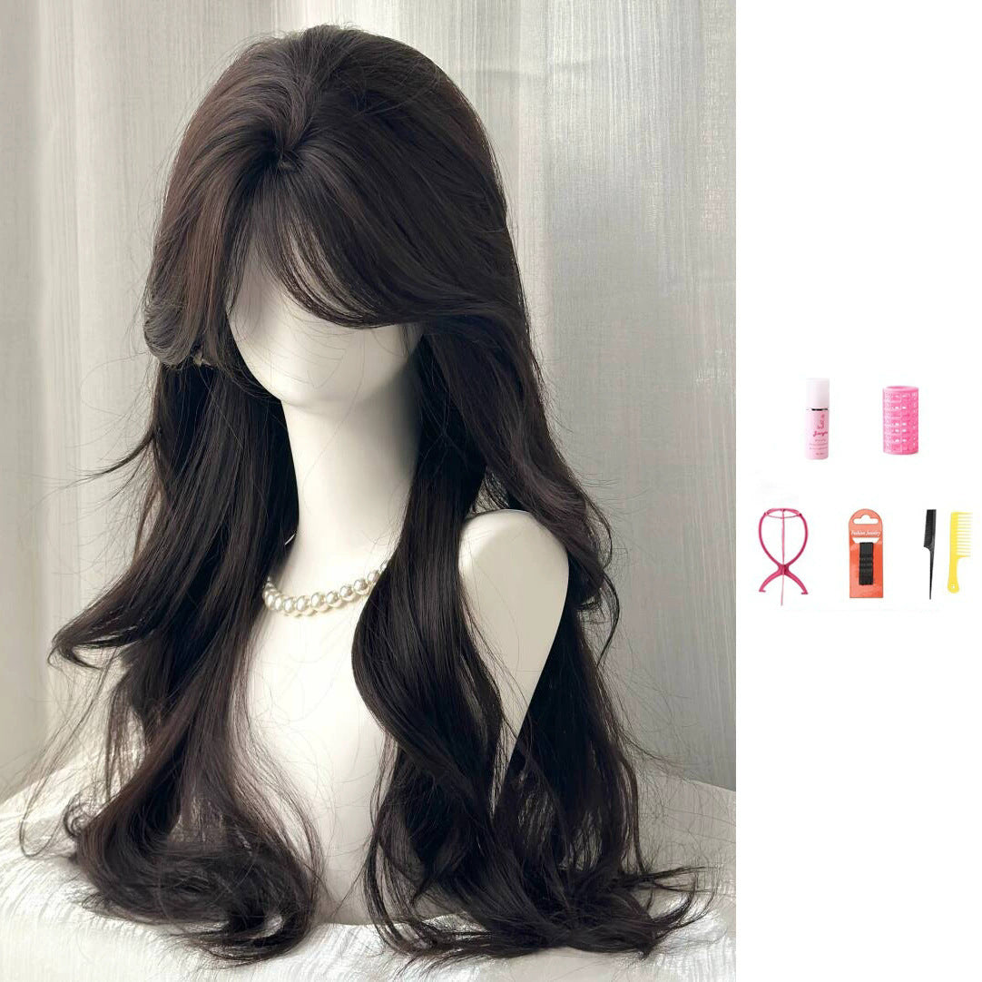 Female Mint Rice Brown Bangs Curly High Skull Top Supplementing Wig Long Curls