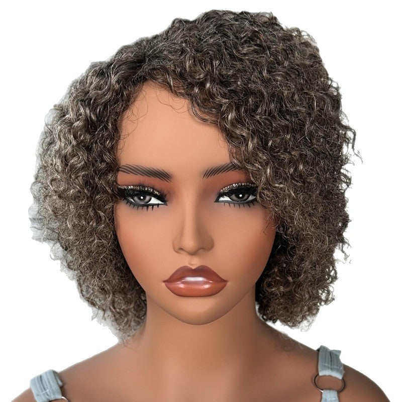 Women's African Gray Partial Front Lace Synthetic Wigs Hand Wrapped Small Wig Short Curly Hair